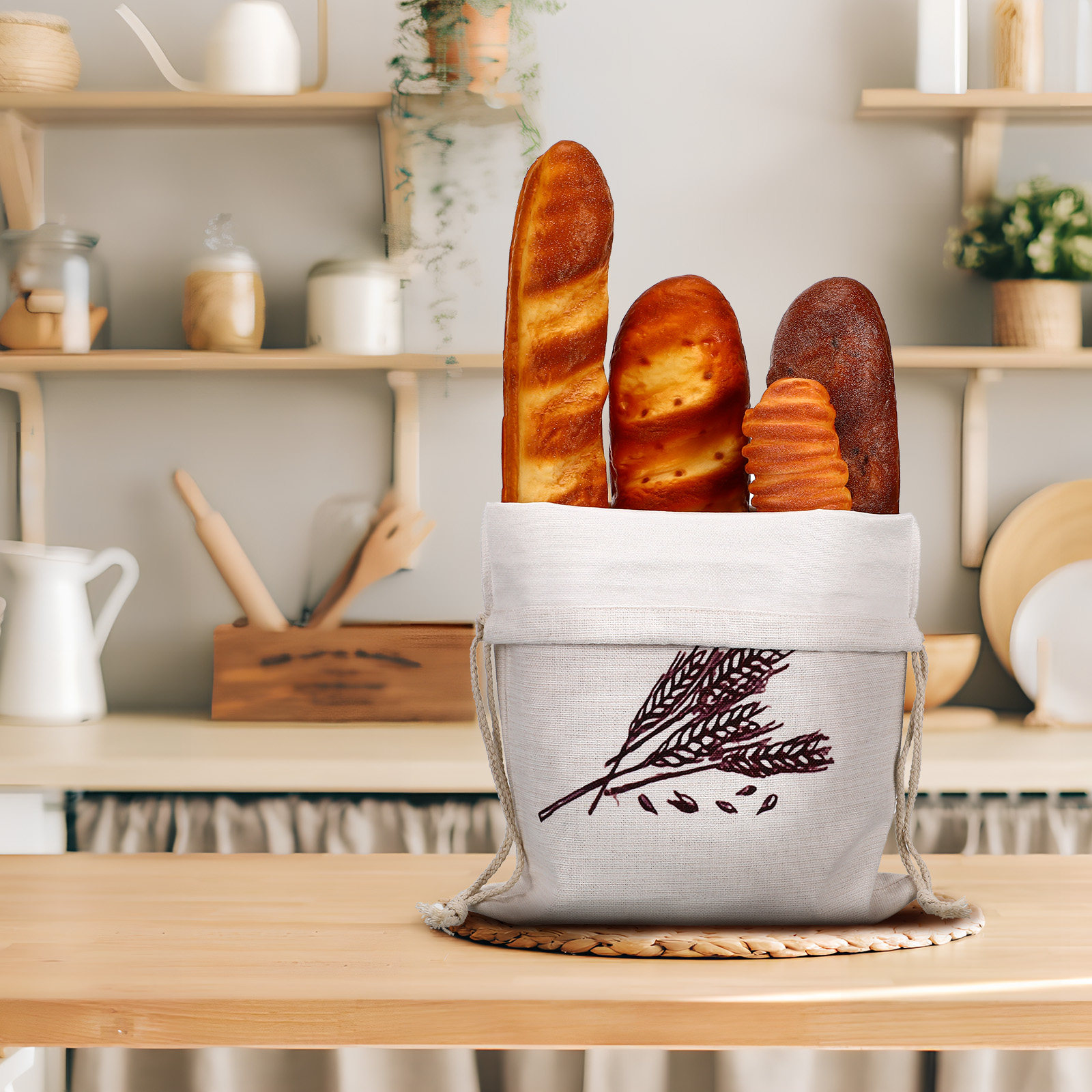 Reusable Produce Bag - 2Pcs Linen Bread Bags Drawstring Washable